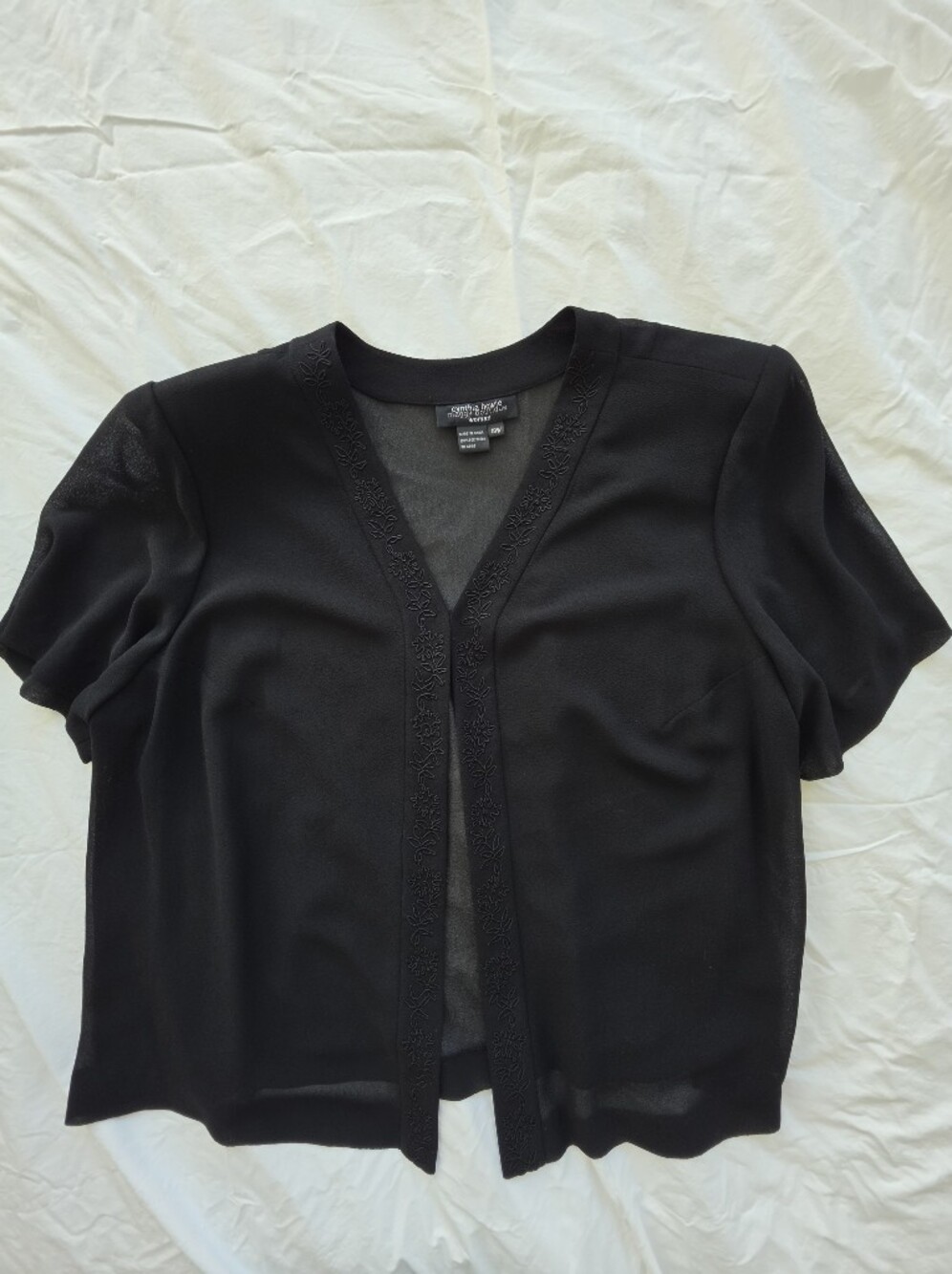 Sheer Black Embroidered V-Neck Women's Top Size 18